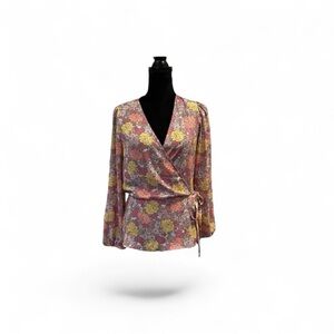 Pleione NWT bohemian floral long sleeve faux wrap waist tie blouse top medium